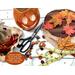 This shows the supplies I use to create the gourd's fall hat. It shows fabric, dried pumpkin pods, fall leaves, and measuring tape. 